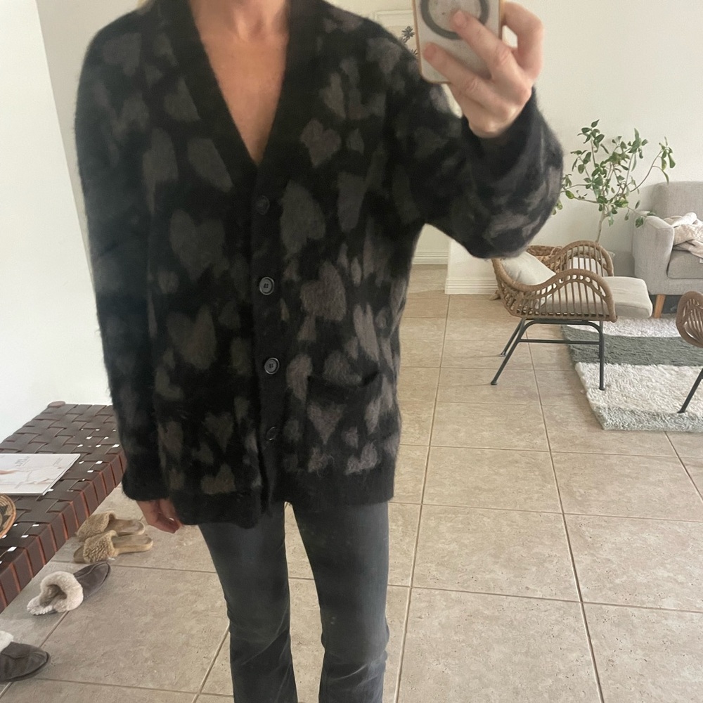 Anine Bing Black & Gray Heart-Print Button Cardigan